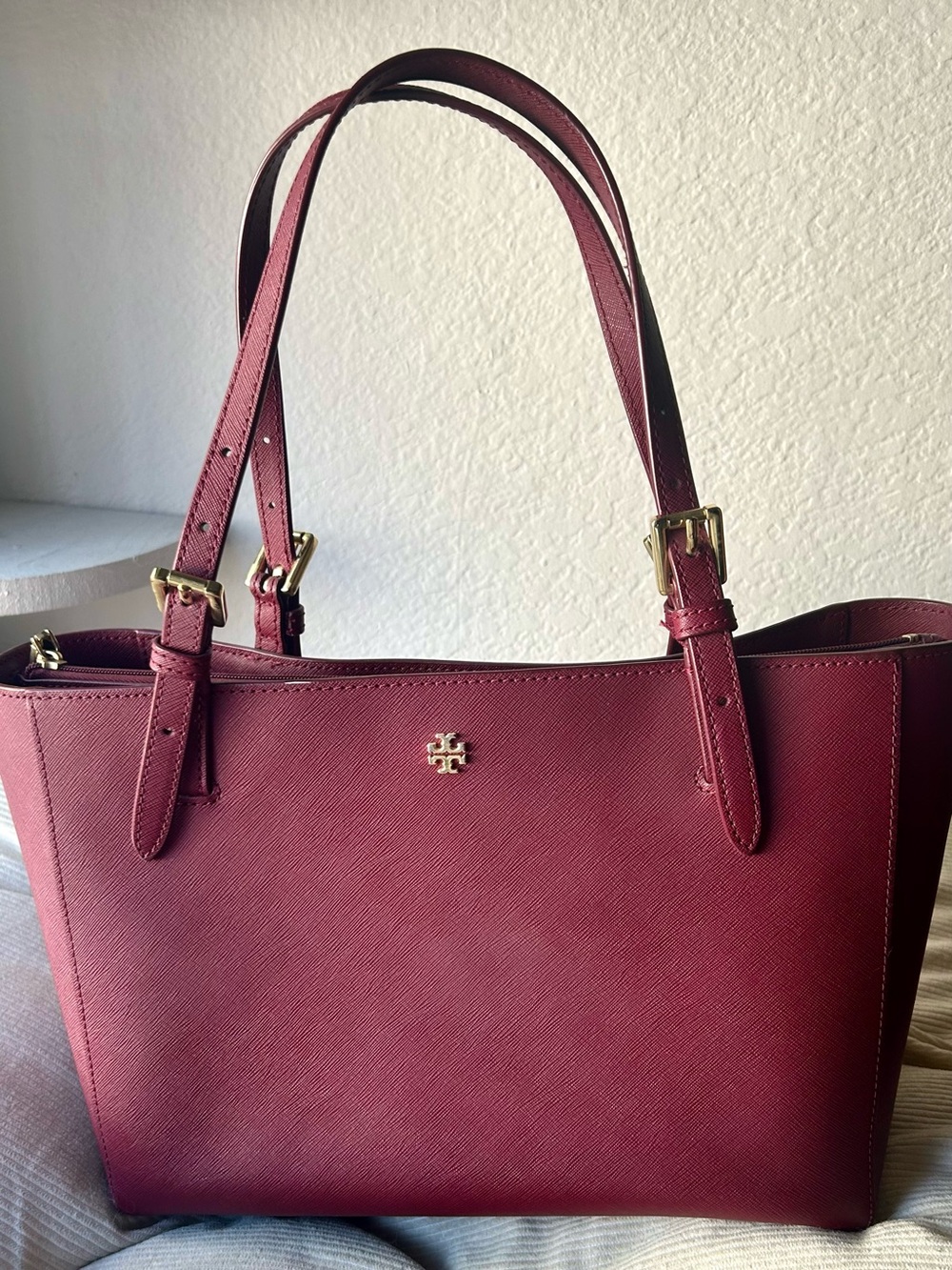 Tory Burch Saffiano Leather Tote Bag Burgundy with Gold Hardware